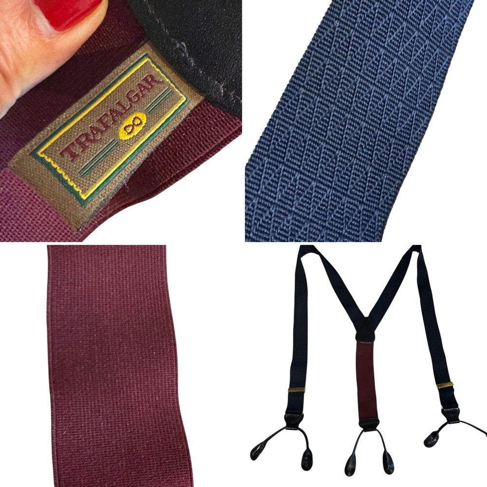 TRAFALGAR Suspenders Silk Navy Burgundy Black Leather Buttons